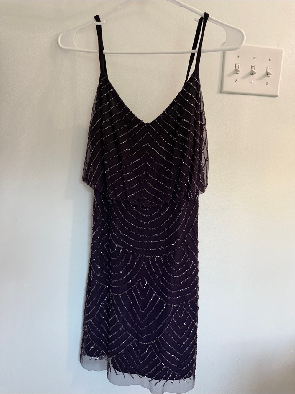 Adrianna Papell Black Beaded V-Neck Cocktail Mini Dress